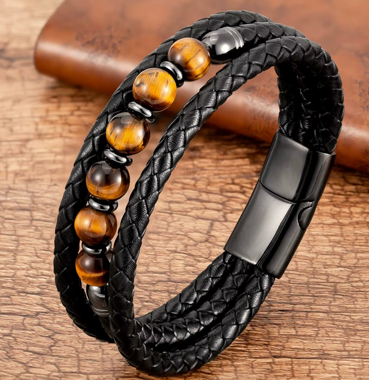 Bracelet Cuir Multicouches Pierres Naturelles 8mm — 21 cm