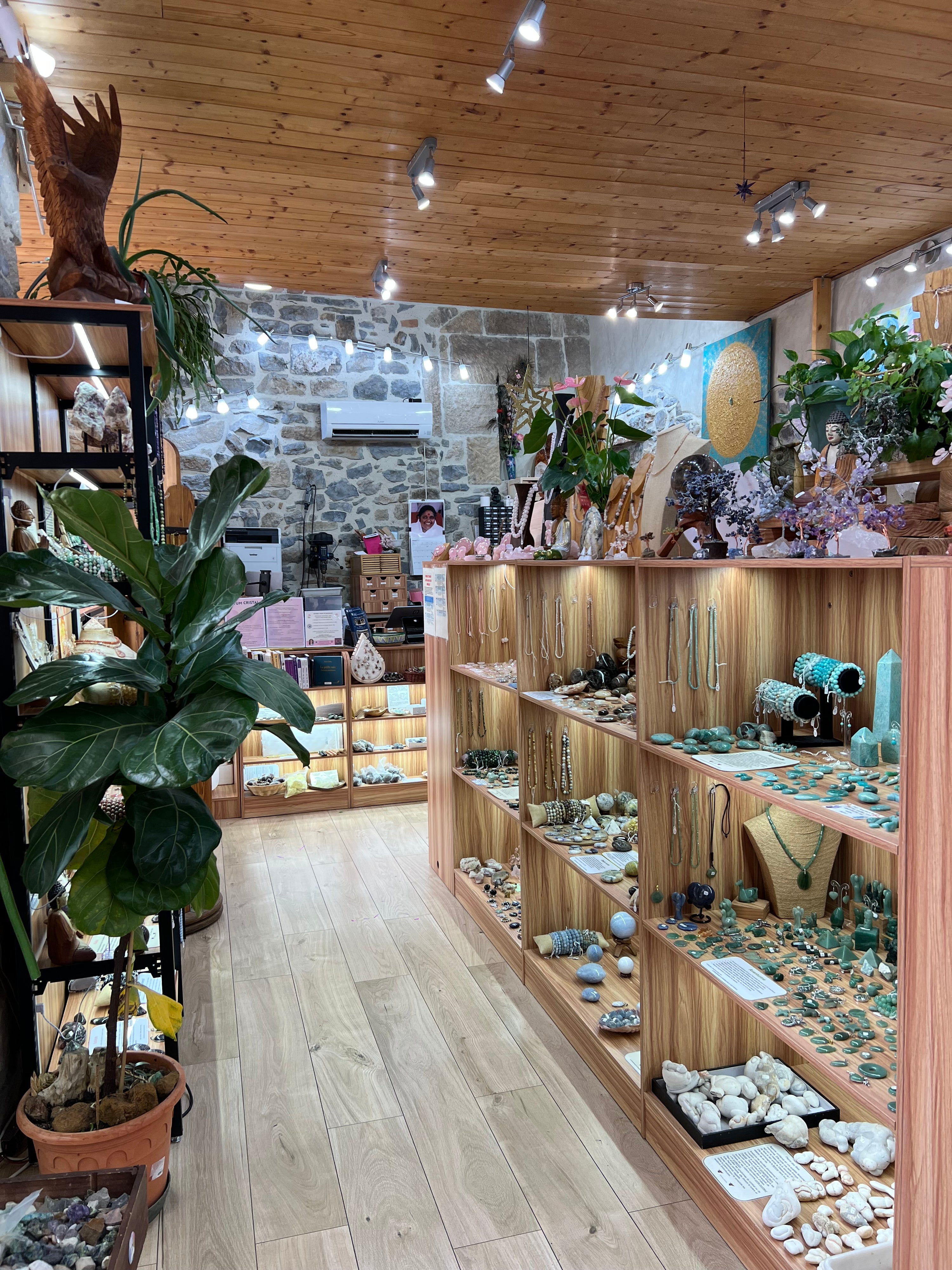 Intérieur boutique Tatum Cristal Aubenas - vitrines pierres