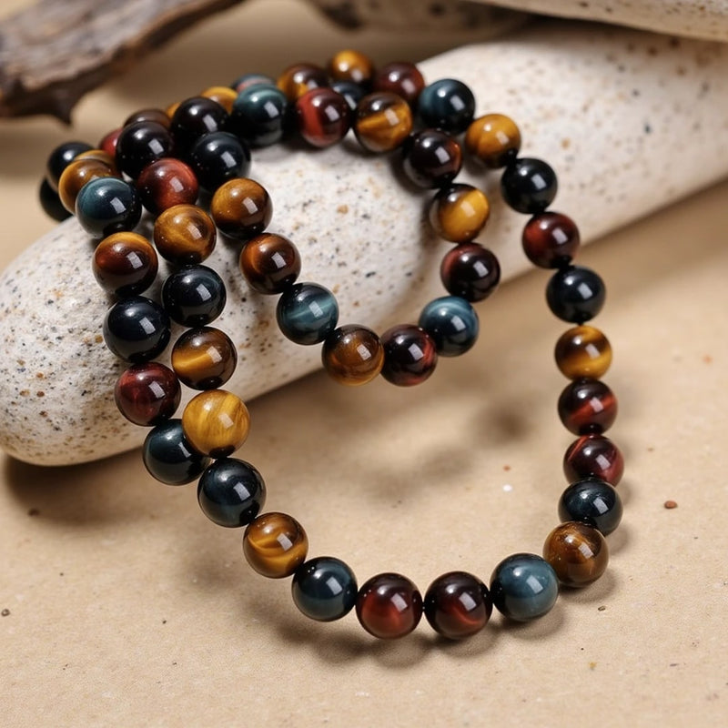 Collier Homme Protection en Oeil de Tigre, Oeil de Faucon & Oeil de Taureau — Protection et Vigilance - Tatum Cristal