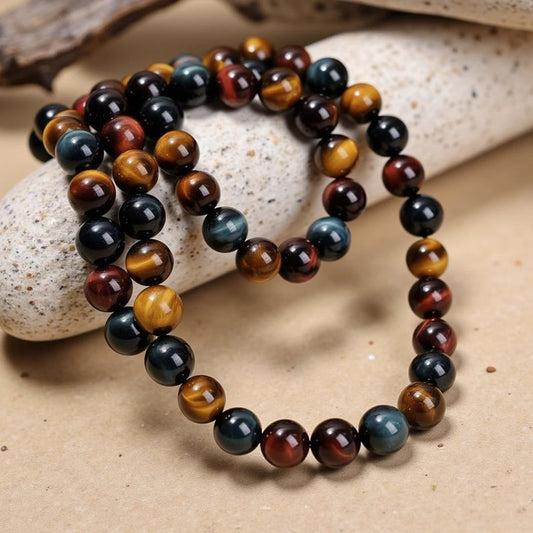 Collier Homme Protection en Oeil de Tigre, Oeil de Faucon & Oeil de Taureau — Protection et Vigilance - Tatum Cristal