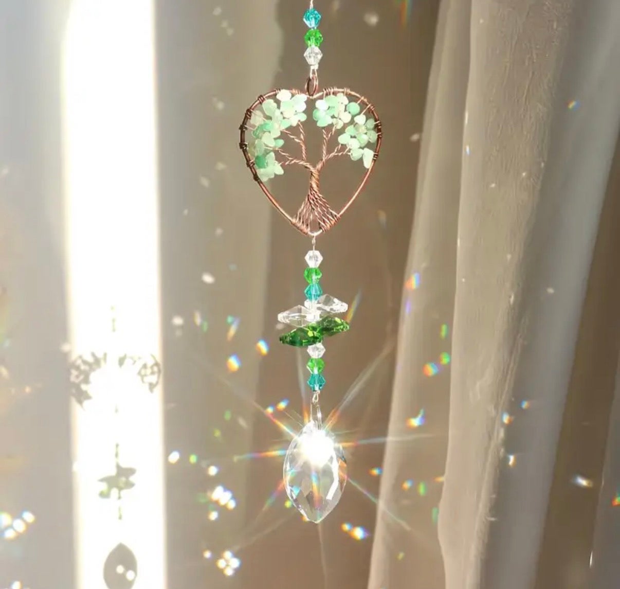 Attrape-soleil simple en Aventurine Verte, décoration suspendue Arbre de Vie avec pendentifs lustre prismatique