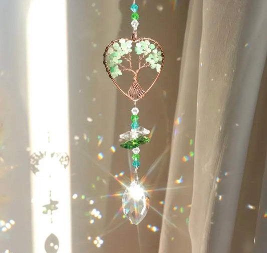 Attrape-soleil simple en Aventurine Verte, décoration suspendue Arbre de Vie avec pendentifs lustre prismatique