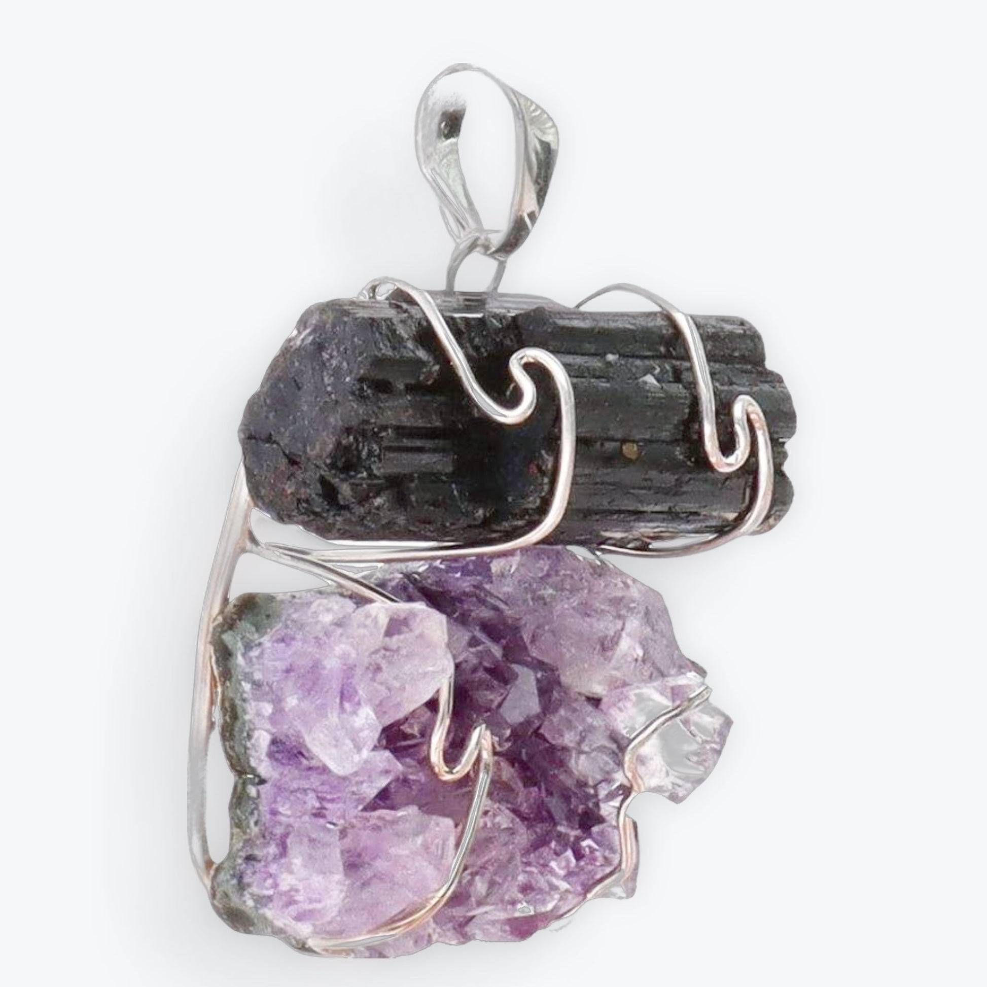 Pendentif Tourmaline avec Druse d'Améthyste en Plaqué Argent