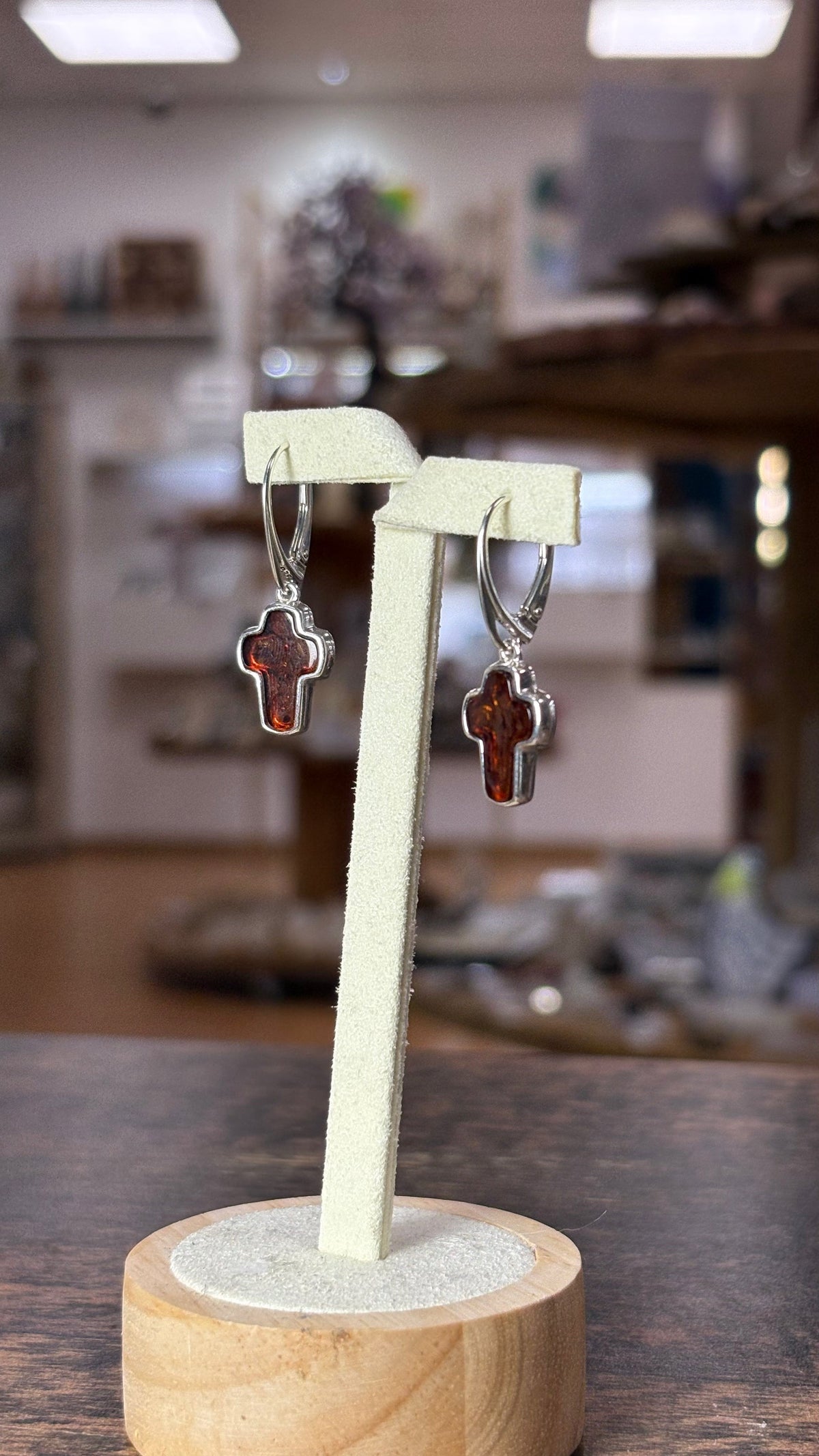 Boucle d'oreilles ambre pendante croix  et Argent 925