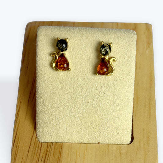 Vermeil - Boucles d'oreilles clou en chat Ambre