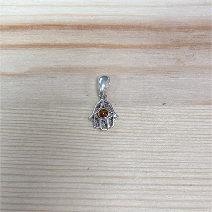 Pendentif Ambre main Khamsa - Argent 925
