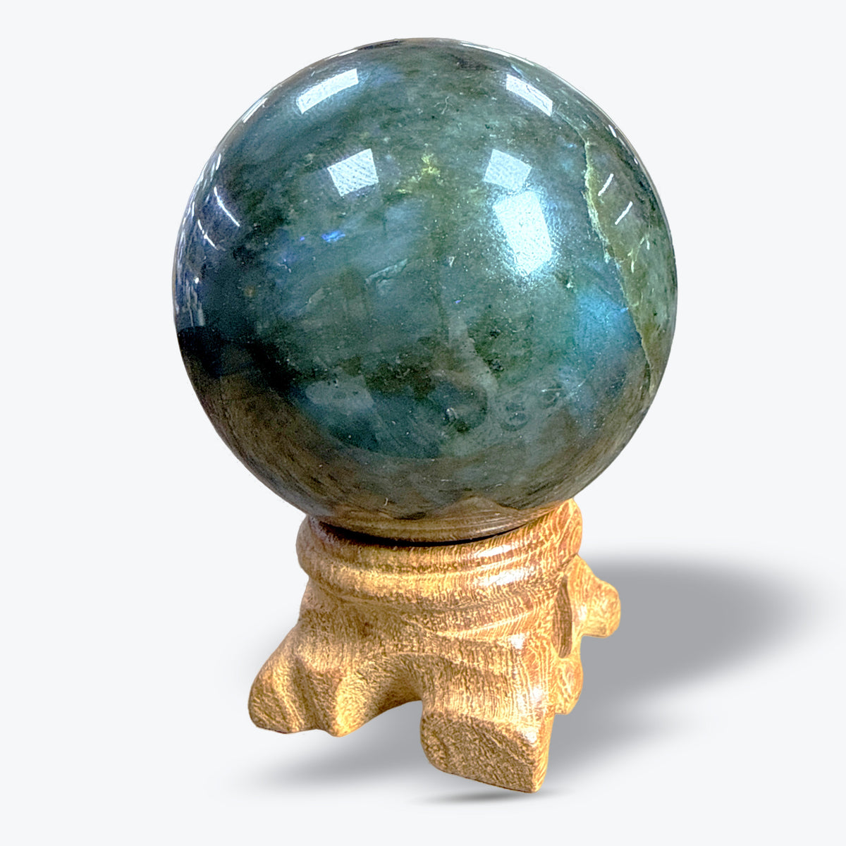 Sphère en Labradorite Naturelle polie sur socle bois – 5 à 8,5 cm – Madagascar - Pièce unique