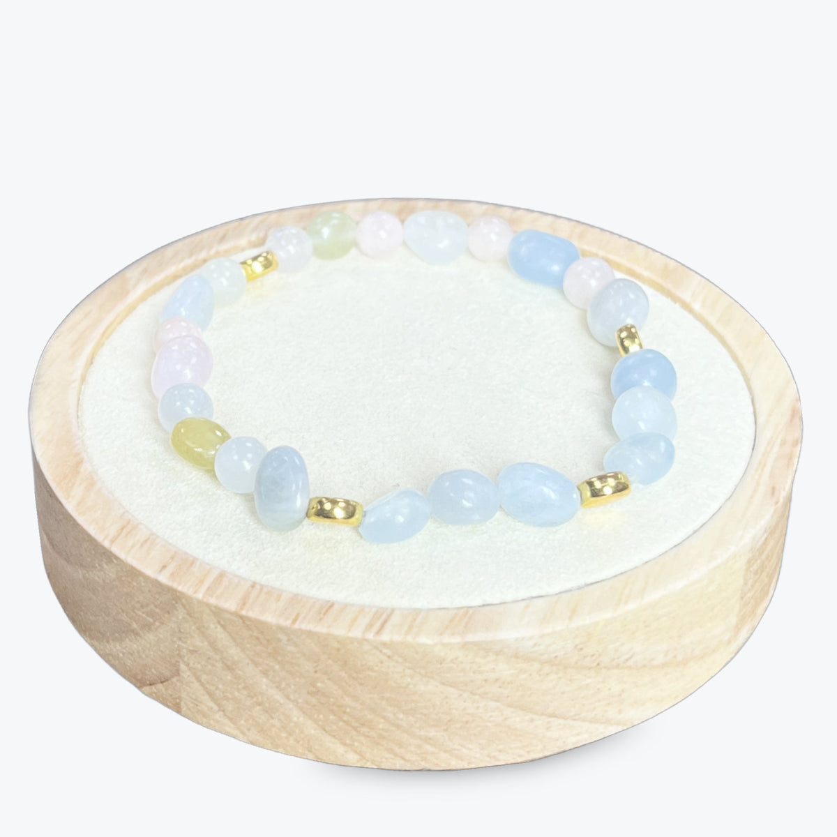 Bracelet En Morganite Et Perles Plates Dorées