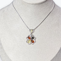 Pendentif Ambre trèfle 4 feuille multicouleur - Argent 925