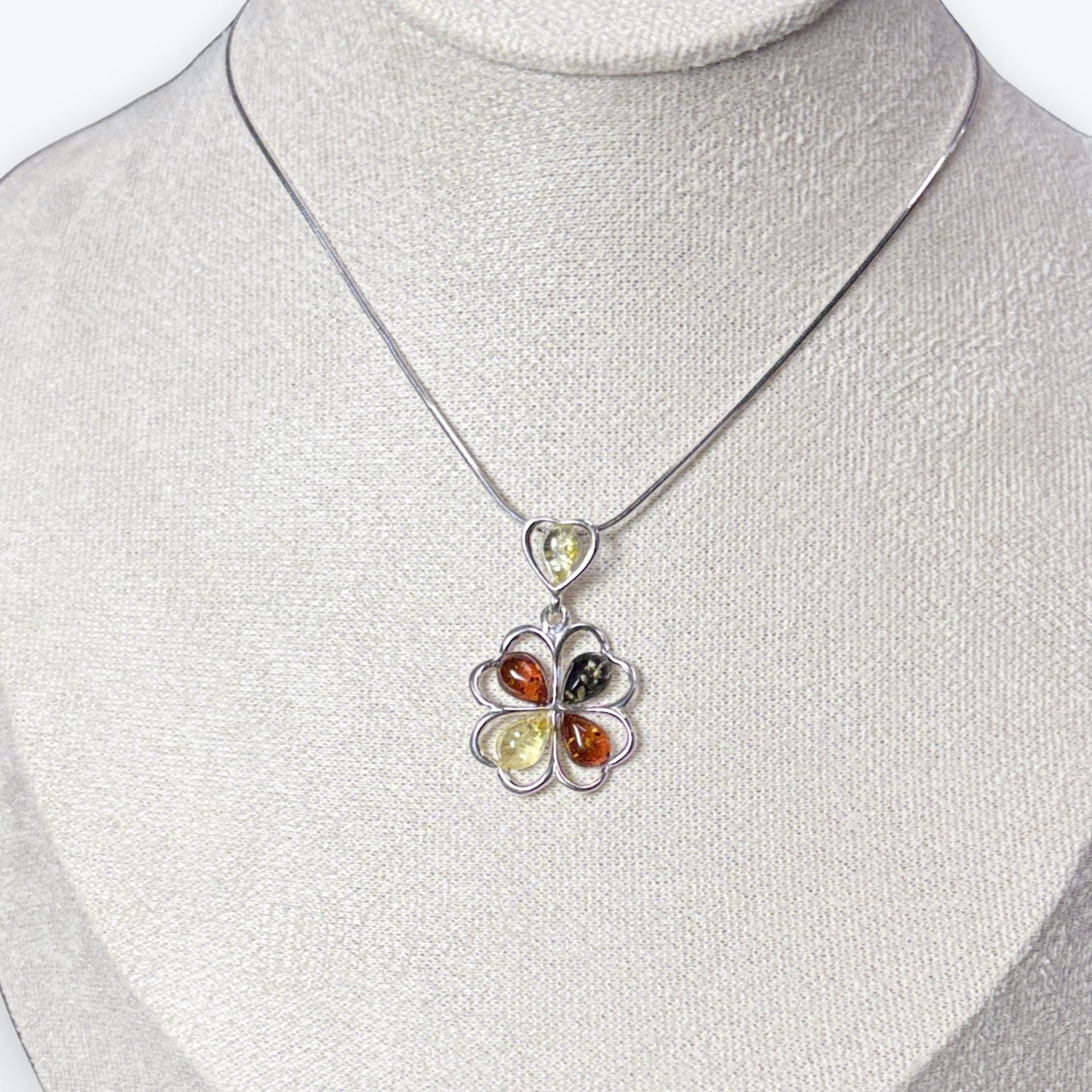 Pendentif Ambre trèfle 4 feuille multicouleur - Argent 925