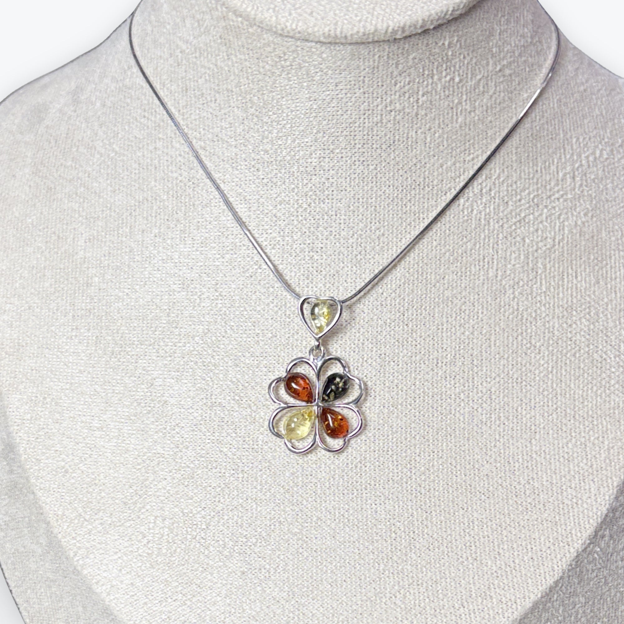 Pendentif Ambre trèfle 4 feuille multicouleur - Argent 925