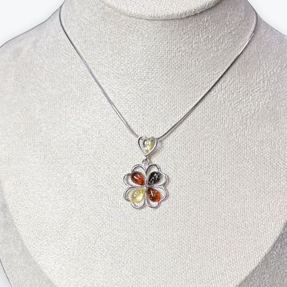 Pendentif Ambre trèfle 4 feuille multicouleur - Argent 925
