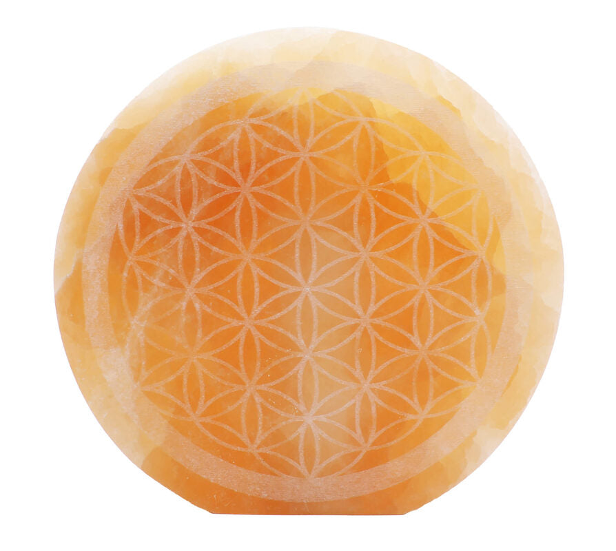 Décoration Sélénite Orange - Gravée Fleur de Vie - 17cm