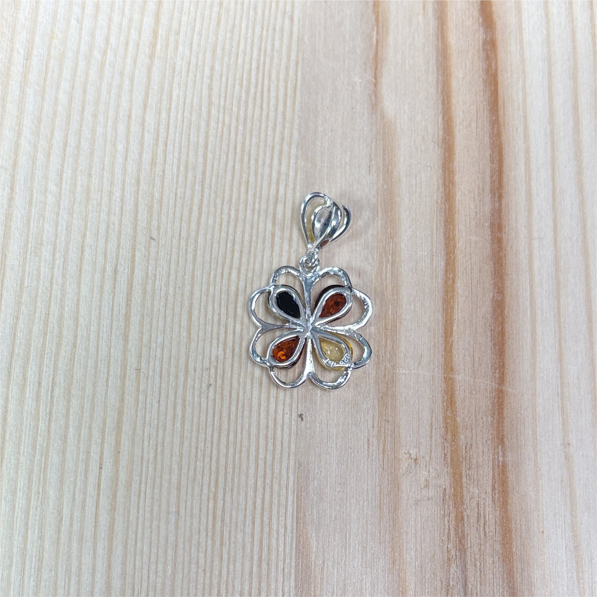 Pendentif Ambre trèfle 4 feuille multicouleur - Argent 925