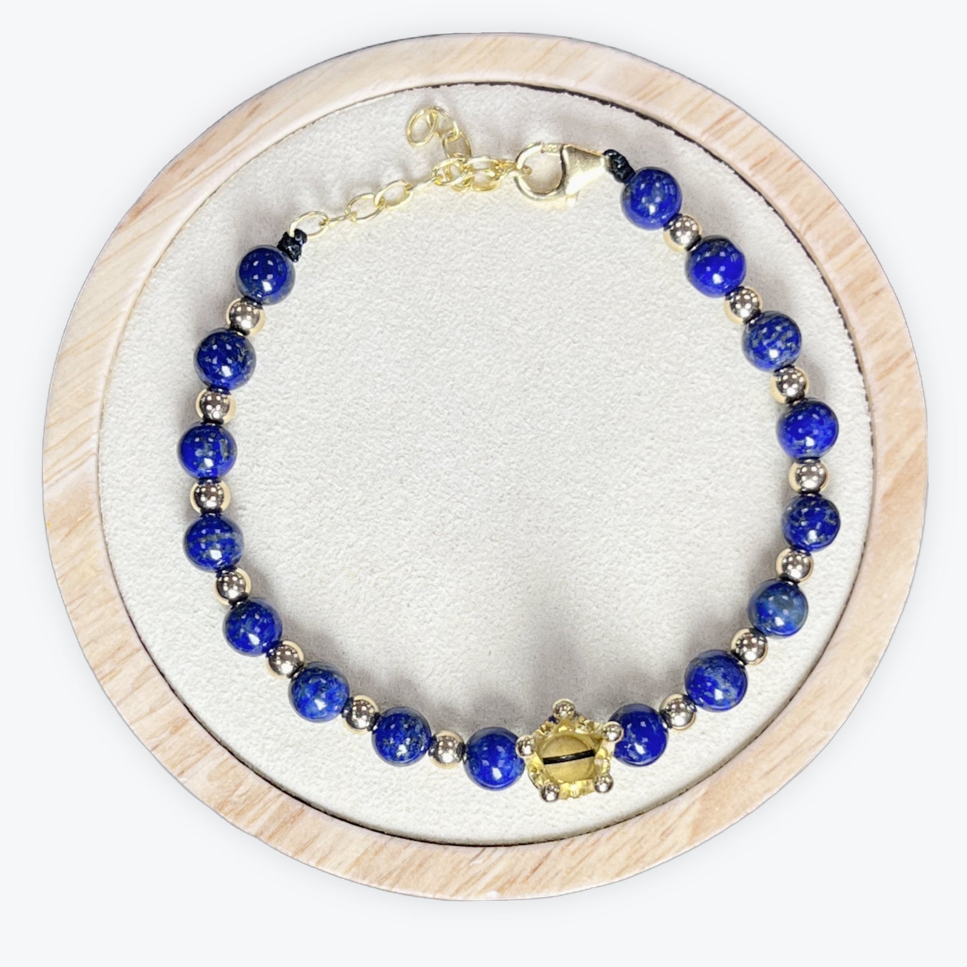 Bracelet En Lapis-lazuli Couronne Dorée + Fermoir