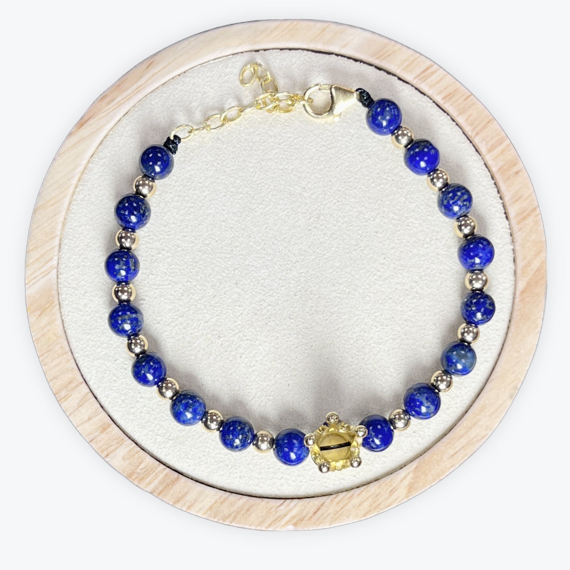 Bracelet En Lapis-lazuli Couronne Dorée + Fermoir
