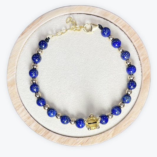 Bracelet En Lapis-lazuli Couronne Dorée + Fermoir