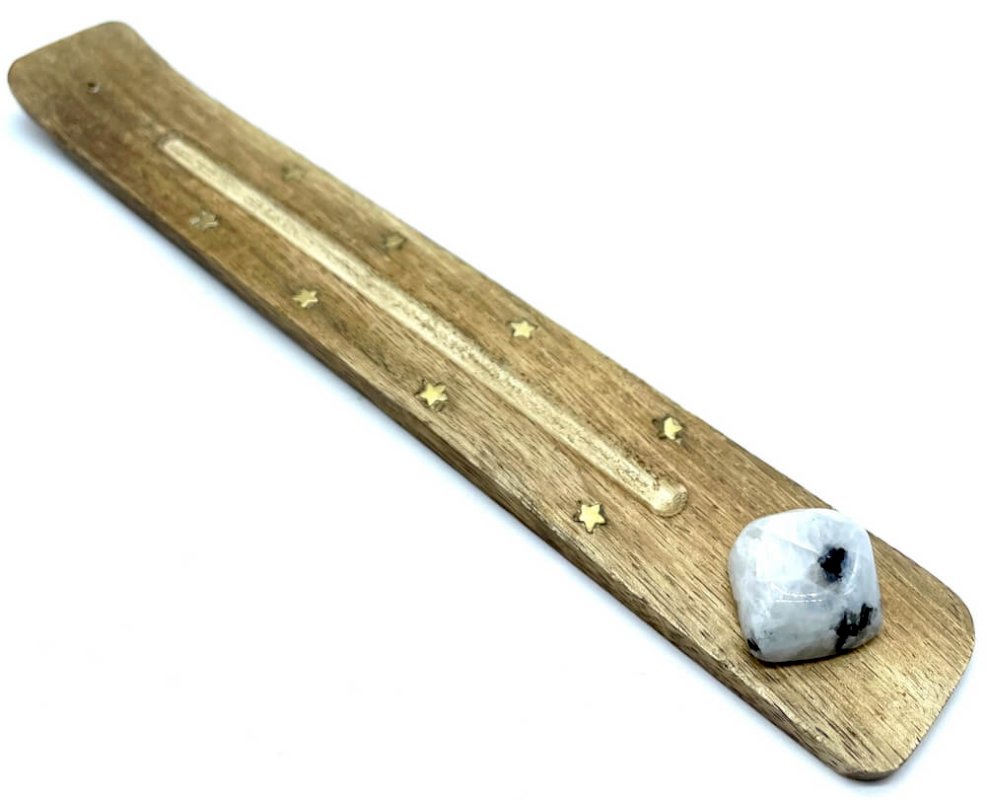 Porte-Encens Bois Ski 25cm avec Labradorite — Labradorite blanche