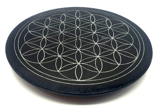 Porte-Encens Pierre Rond Noir Fleur de Vie 10cm
