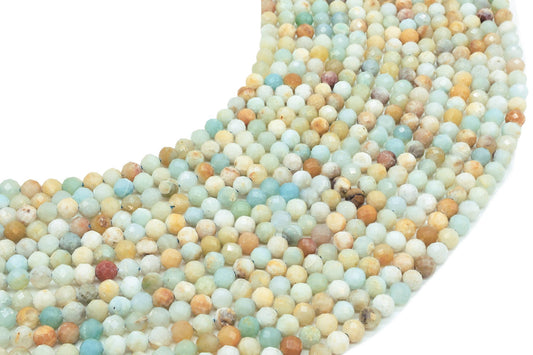 Fils de perles facettées d'Amazonite aux teintes bleu-vert, crème et ocre