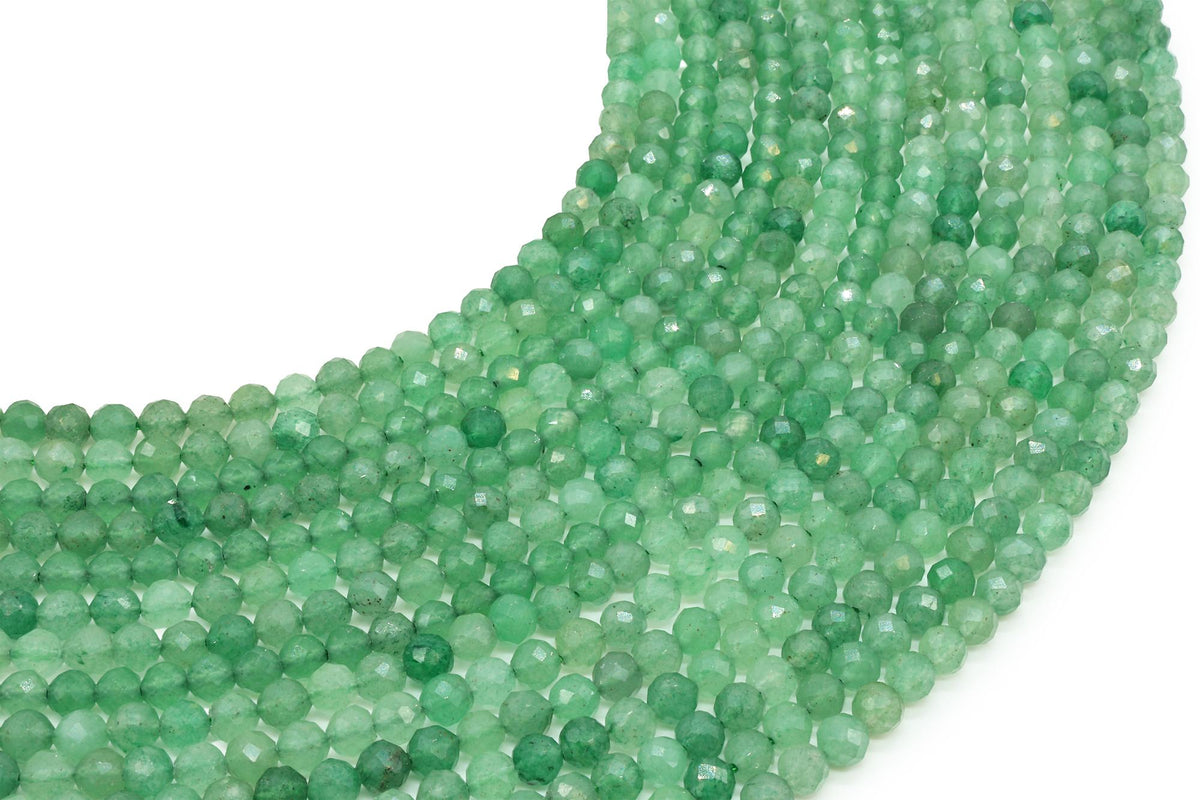 Fils de perles rondes facettées en aventurine verte aux nuances de vert variées