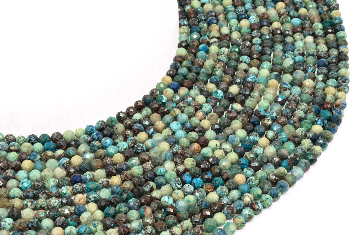 Fils de perles facettées en chrysocolle aux nuances bleues, vertes et brunes