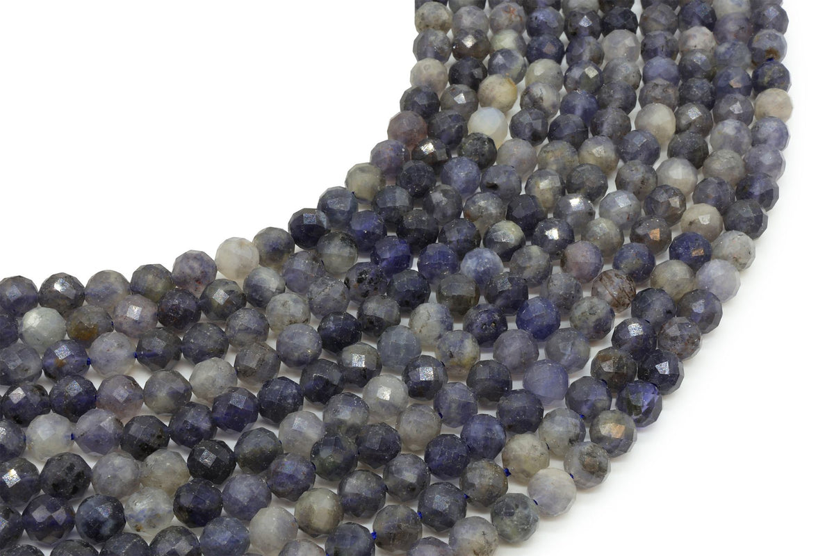 Fils de perles rondes facettées en cordiérite bleu-violet et gris, disposés en arc