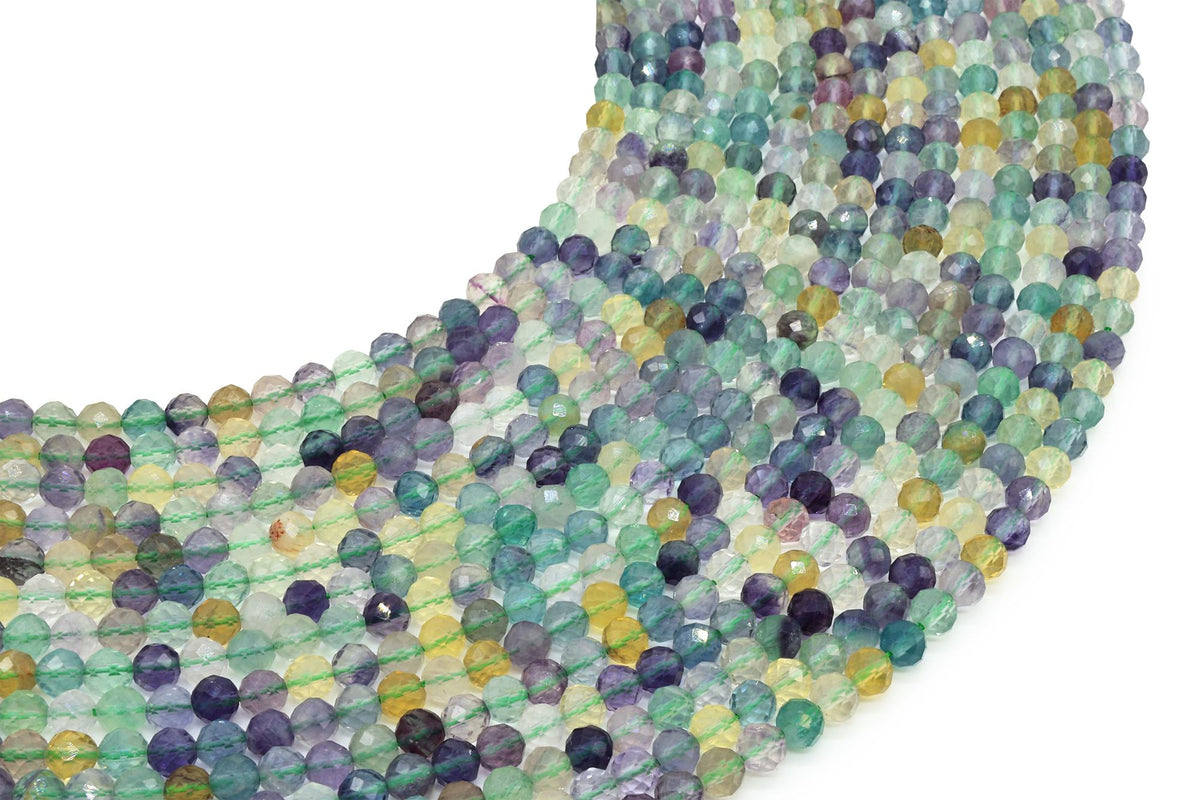 Fils de perles facettées en fluorite multicolore, nuances de vert, violet et jaune