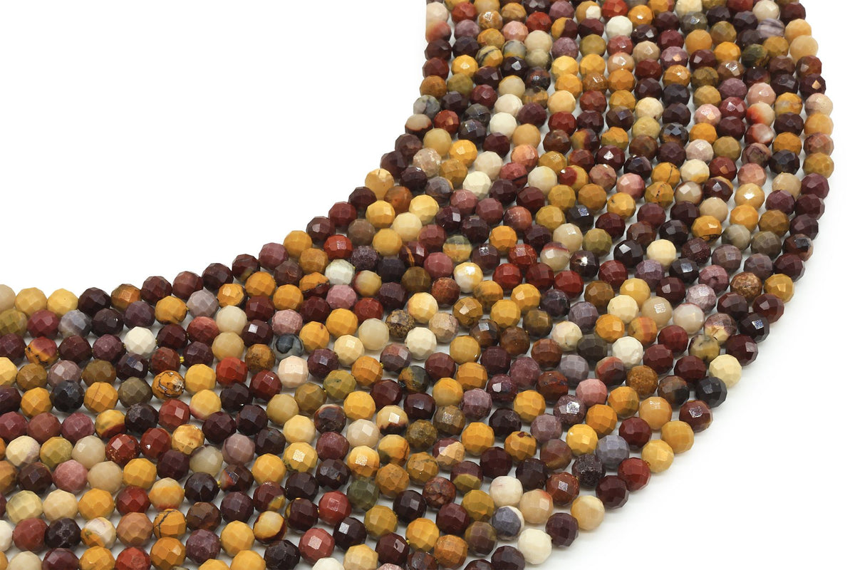 Fils de perles facettées de Jaspe Mokaïte aux teintes jaunes, rouges, bordeaux et crème