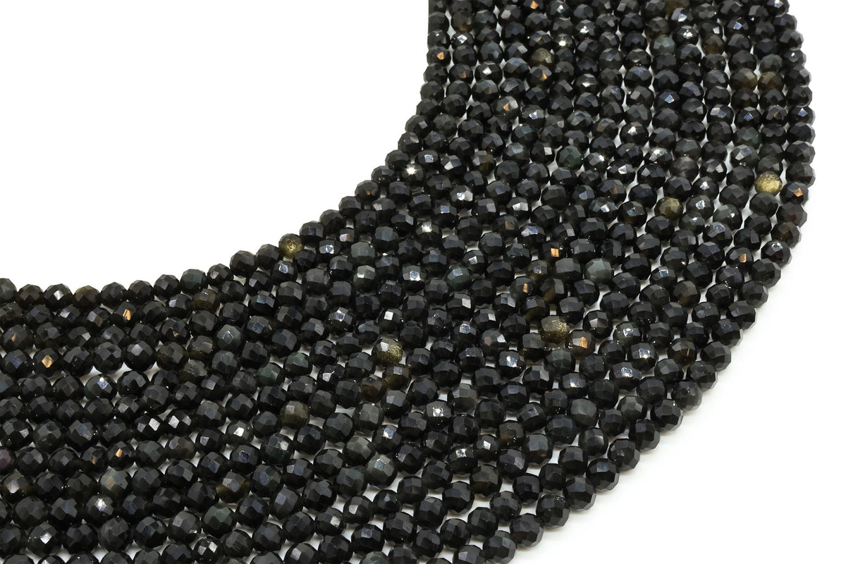 Fils de perles facettées noires d'obsidienne dorée de 4 mm disposés en éventail