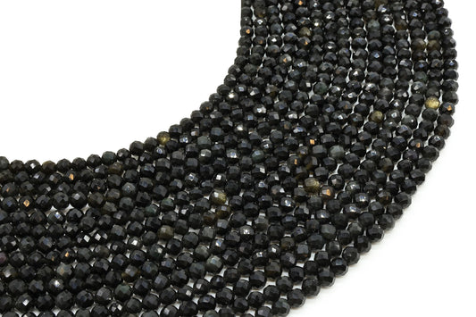 Fils de perles facettées noires d'obsidienne dorée de 4 mm disposés en éventail