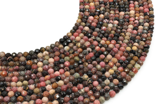 Fils de perles facettées de Rhodonite Black Line aux nuances roses, noires, brunes et beiges