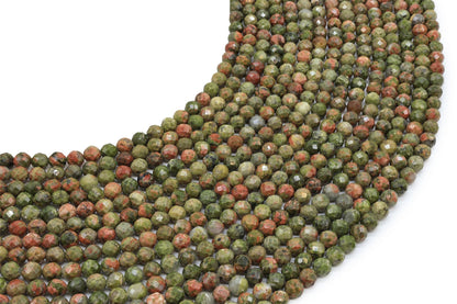 Fils de perles facettées en Unakite vert olive et rose saumon alignés en courbe