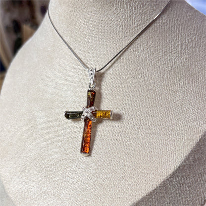 Pendentif ambre  Croix multicouleur Argent 925