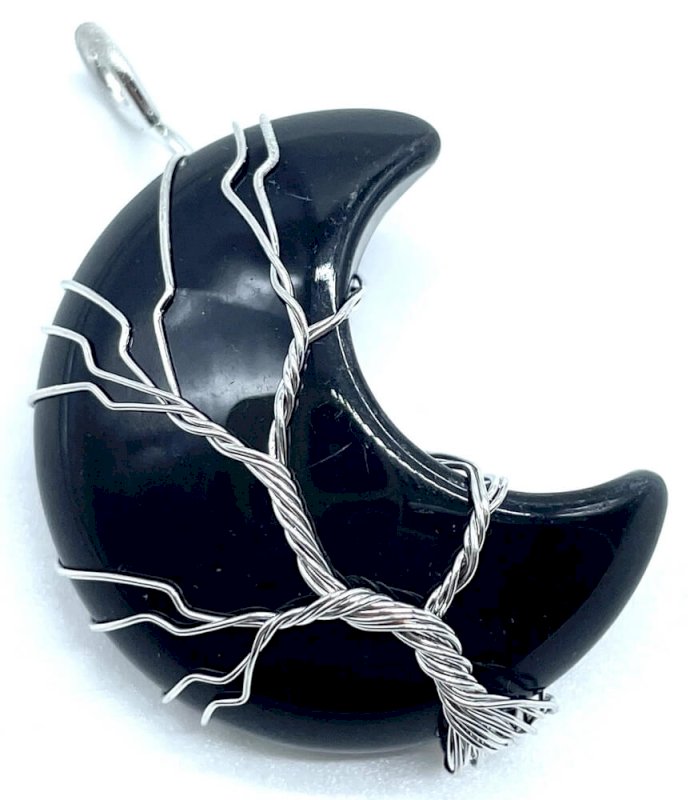 Pendentif Lune Arbre de Vie 3,5 cm — Obsidienne Noire