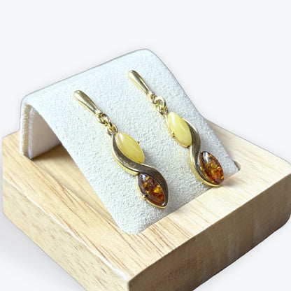 Magnifique boucles pendante avec 8 ambre au total - Argent 925 plaqué or (Vermeil)