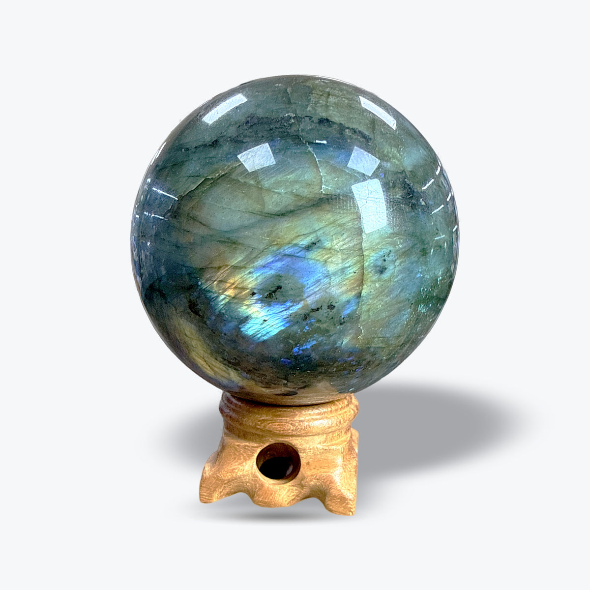 Sphère en Labradorite Naturelle polie sur socle bois – 5 à 8,5 cm – Madagascar - Pièce unique