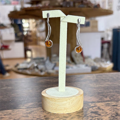 Boucles d'oreilles pendante longue en Ambre rond - Argent 925
