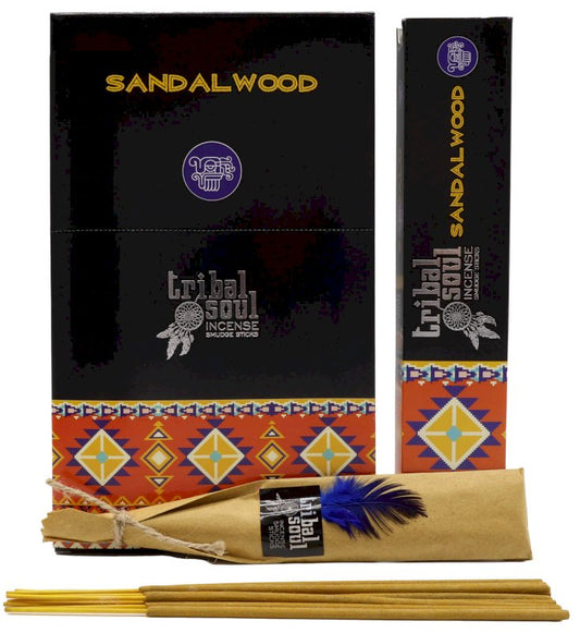 Boîte noire d'encens Tribal Soul Santal avec paquet kraft à plume bleue et bâtonnets