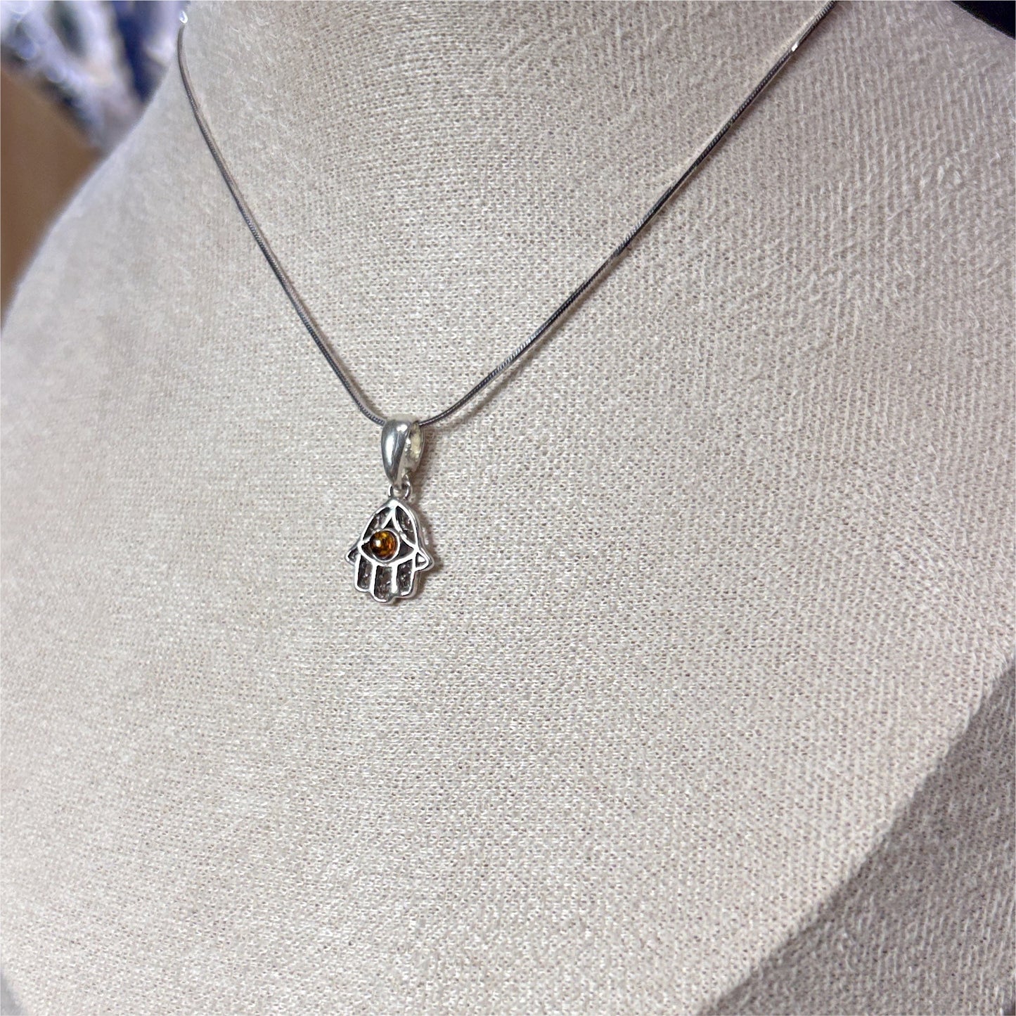 Pendentif Ambre main Khamsa - Argent 925