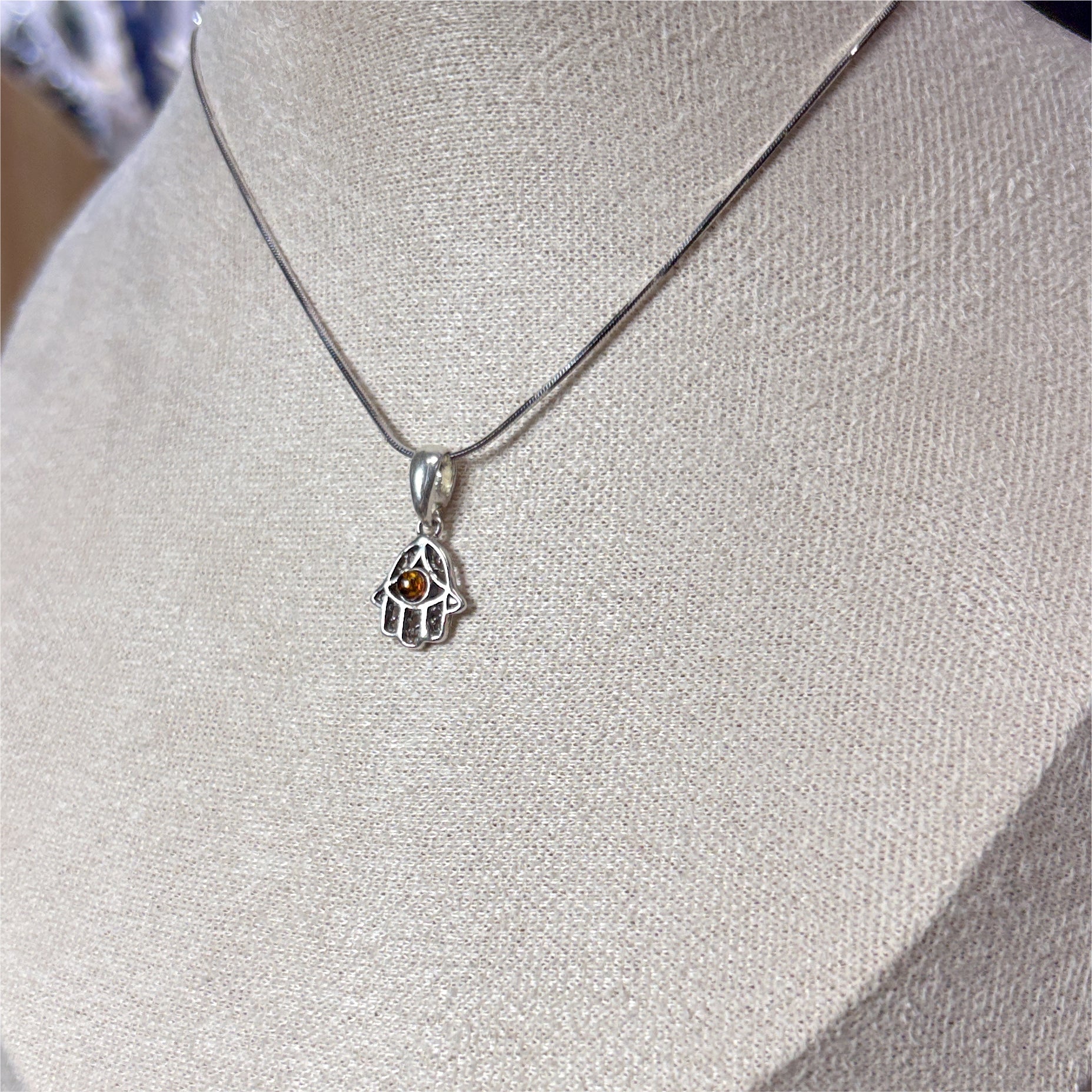 Pendentif Ambre main Khamsa - Argent 925