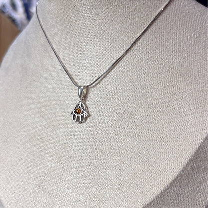 Pendentif Ambre main Khamsa - Argent 925