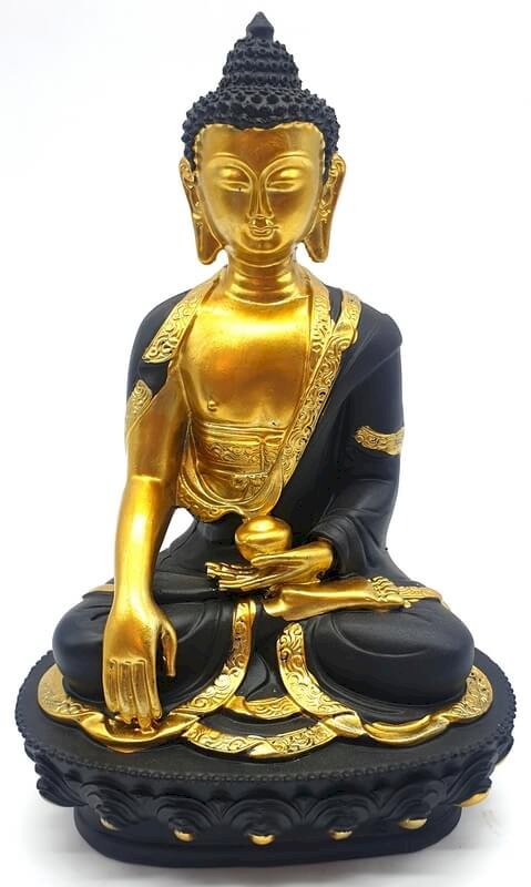 Statue Résine Bouddha & Bol Noir/Or 20cm