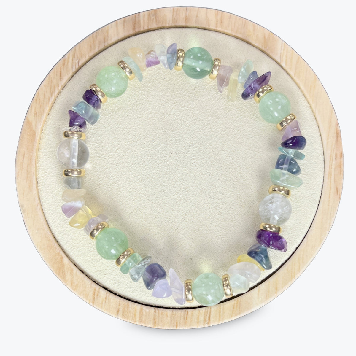 Bracelet En Fluorite Mélange De Perles Baroques Et Rondes + Décors Dorés