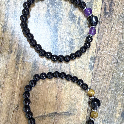 Bracelet en Onyx Naturel noir Mix - Perles rondes 6 mm – Améthyste ou Œil de tigre