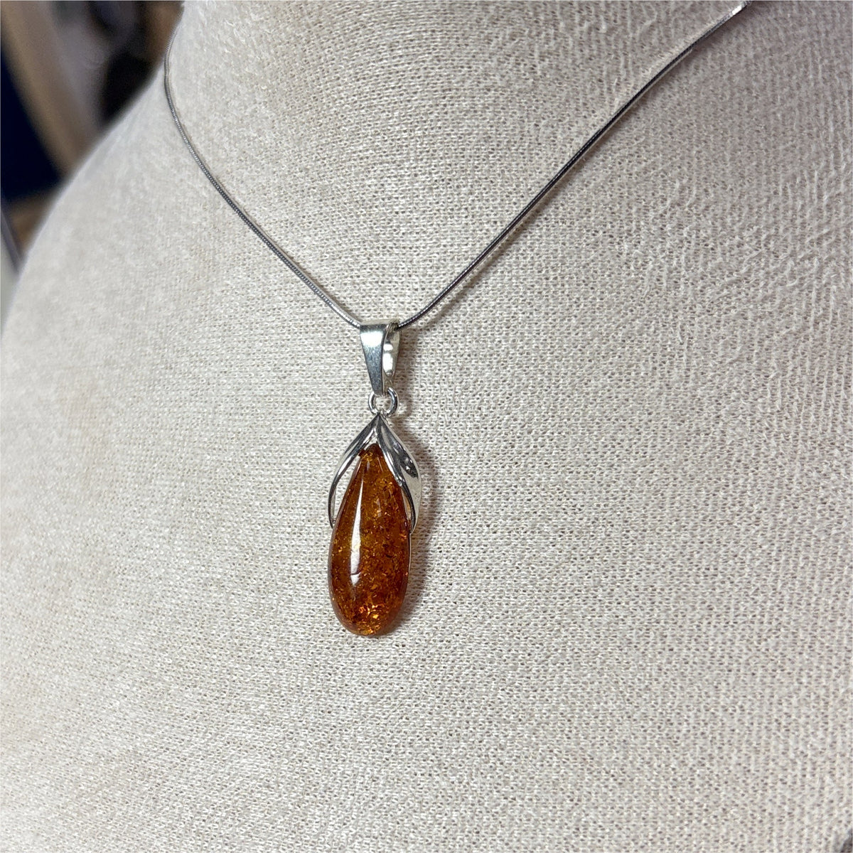 Pendentif Ambre Goutte ouverte - Argent 925