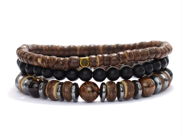Set Bracelet 3 Pièces Onyx Noir — Méditation Homme