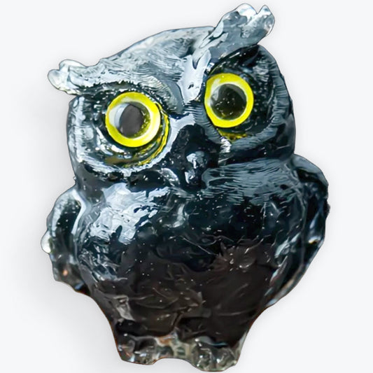 Hibou Gardien de la Sagesse en Résine & Obsidienne Fait Main | Décoration de Maison en Pierre Naturelle Porte-Bonheur