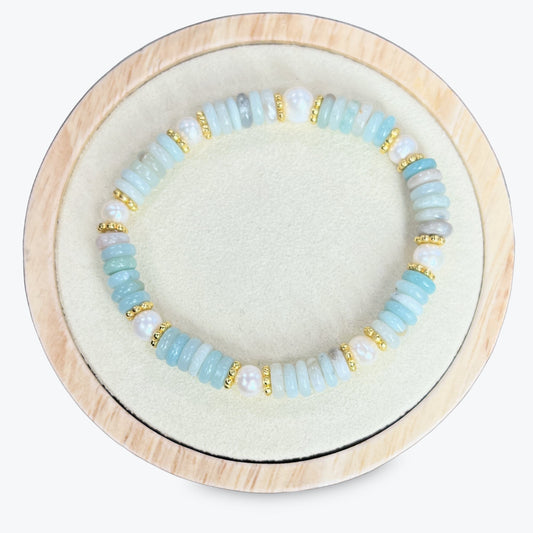 Bracelet En Amazonite Avec Perles Et Décorations Fleurs Dorées
