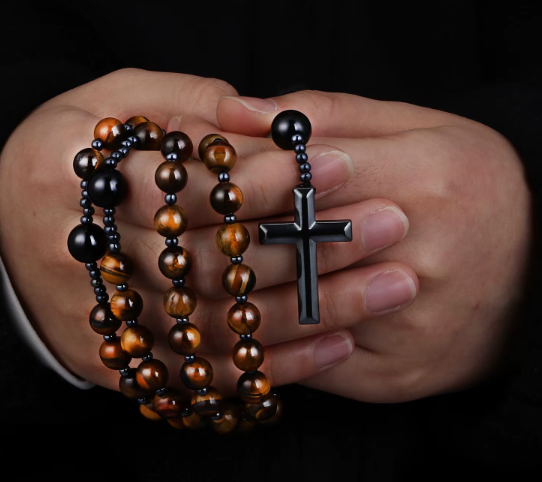 Chapelet Œil de Tigre Croix Hématite